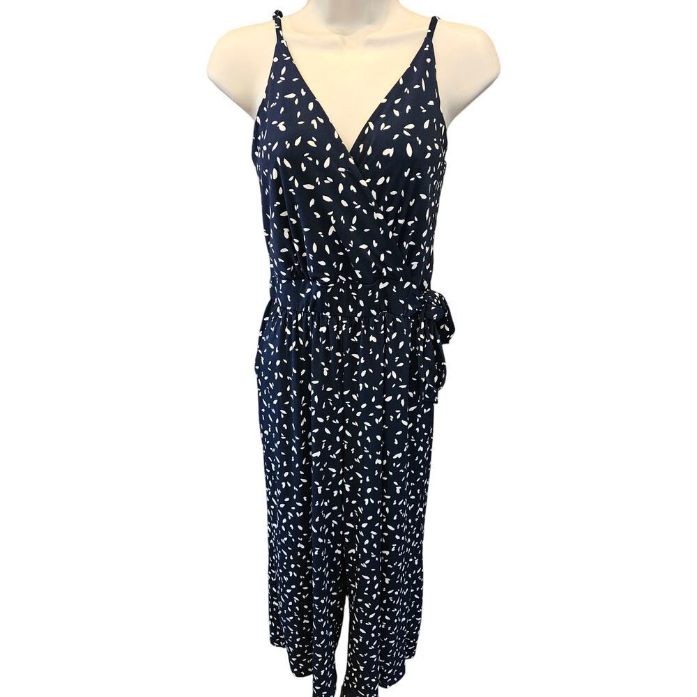 Kaileigh Rica Knit Crop Jumpsuit S navy blue polka dot side tie summer EUC